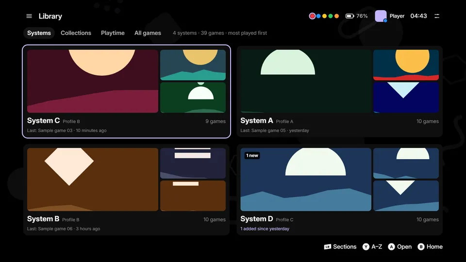 The Library, organised by system, each backed by its own emulator profile