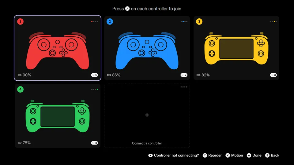 Four players joined, each in their own colour, with a fifth seat waiting for a controller