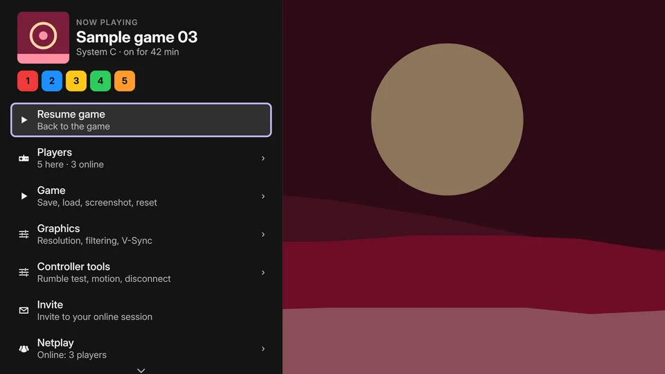 The Quick Menu over a game in an online session: five players here and three online, with Resume game, Players, Game, Graphics, Controller tools, Invite and Netplay