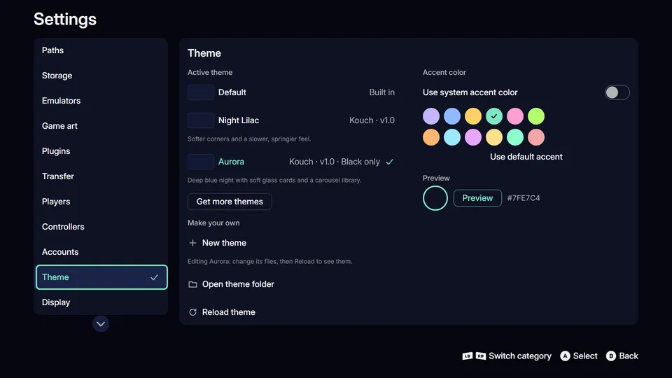 Settings › Theme with the Aurora theme on and a mint accent picked from the swatches