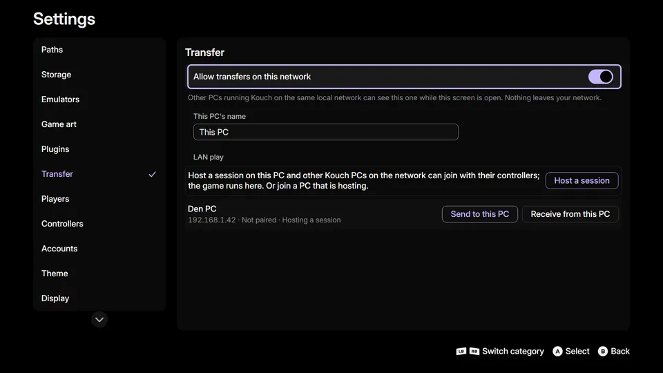 Settings › Transfer with transfers on: another Kouch PC found on the home network, ready to send to or receive from